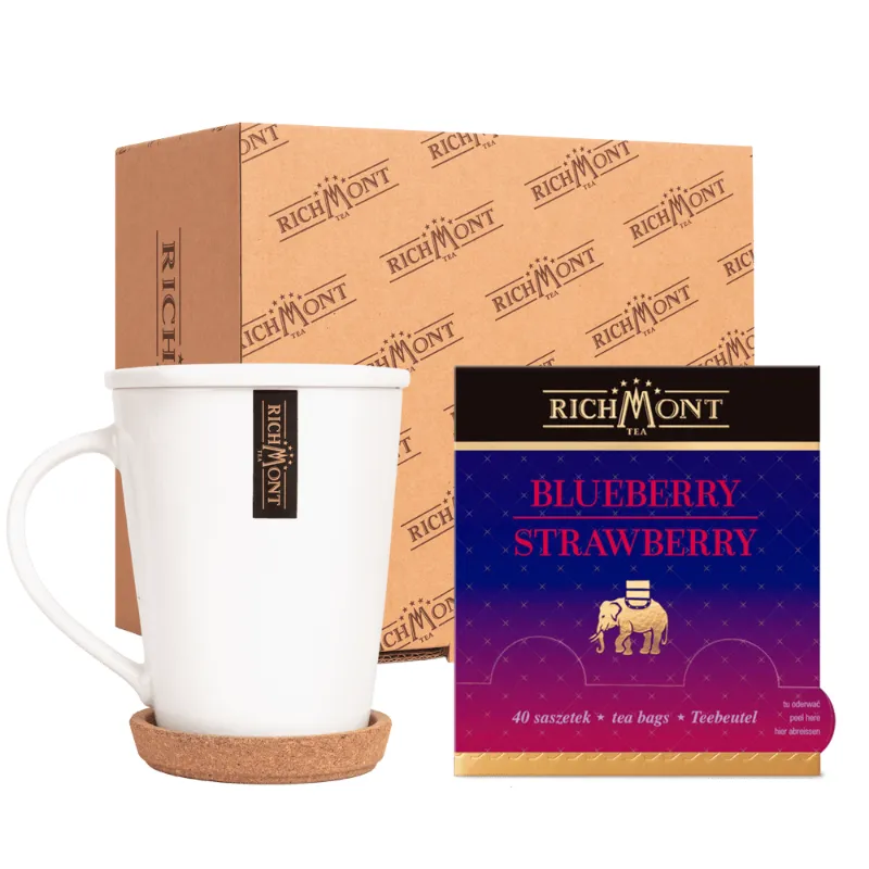 Zestaw zawiera elegancki kubek oraz herbatę Richmont o smaku borówki i truskawki w praktycznych saszetkach. Idealny na każdą porę dnia, doskonały do relaksu przy kubku aromatycznego napoju.