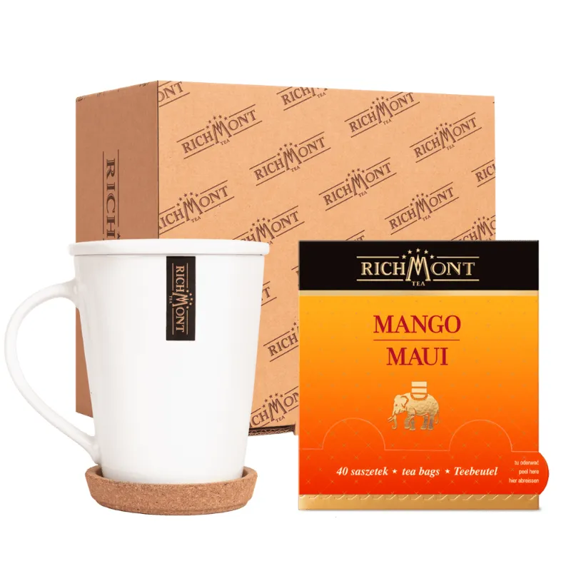 Na zdjęciu znajduje się elegancka filiżanka z logo Richmont oraz opakowanie herbaty Mango Maui, które zawiera 40 saszetek. Idealne połączenie dla miłośników aromatycznych naparów, doskonałe do uzupełnienia każdej herbacianej kolekcji.