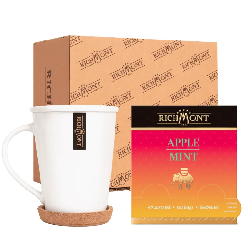 Zestaw herbaciany Richmont zawiera elegancką filiżankę oraz smakową herbatę jabłkowo-miętową w formie saszetek. Idealny dla miłośników herbaty, ten produkt doskonale sprawdzi się jako prezent lub do codziennego relaksu.