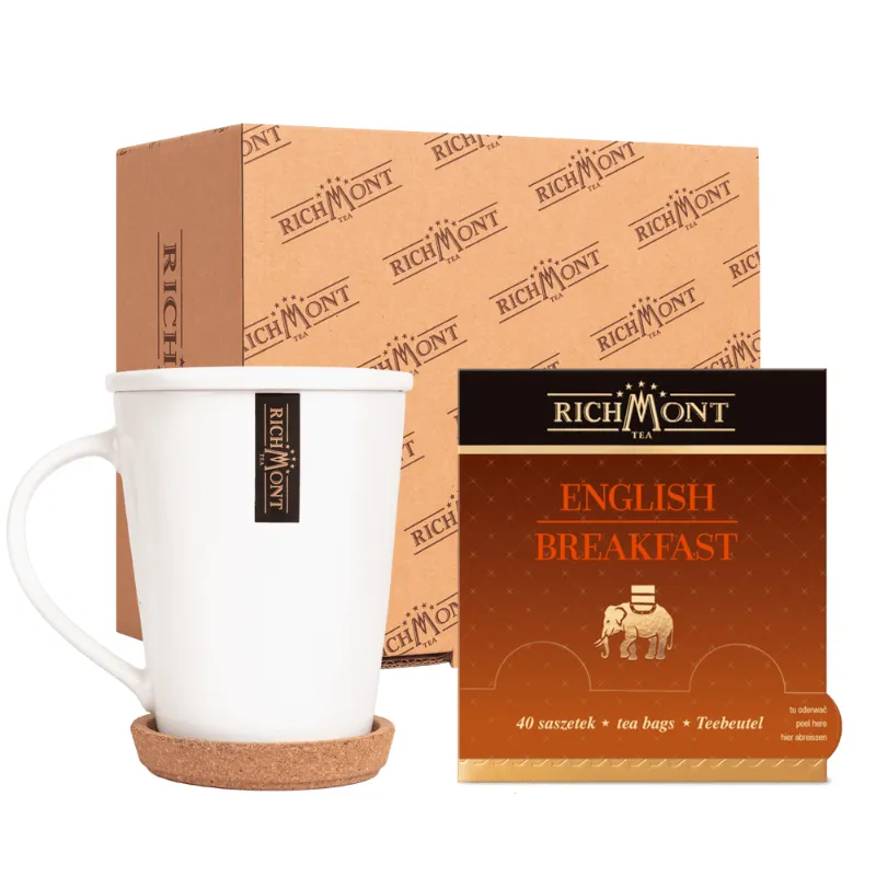 Zestaw zawiera elegancką filiżankę oraz herbatę English Breakfast w wygodnych saszetkach. Idealny do codziennego parzenia aromatycznego napoju, doskonały wybór dla miłośników herbaty.