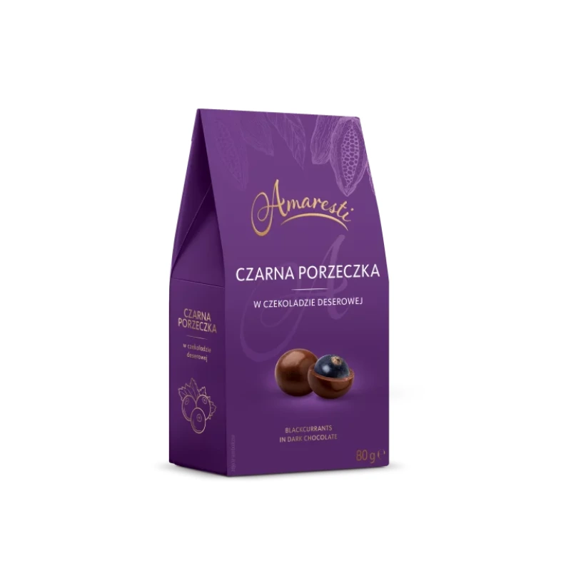 Opakowanie zawierające czarne porzeczki w deserowej czekoladzie, idealne jako słodka przekąska. Doskonałe połączenie owocowego smaku z bogatym aromatem, które świetnie komponuje się z kawą lub herbatą.