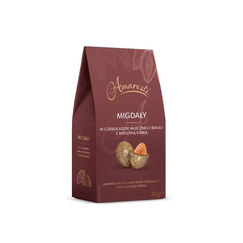 Opakowanie migdałów w czekoladzie mlecznej i białej z dodatkiem mielonej kawy, prezentujące elegancką grafikę. Idealny smakołyk do kawy, oferujący doskonałe połączenie chrupkości migdałów i słodyczy czekolady.