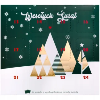 Zestaw 24 saszetek z wysokogatunkową herbatą liściastą w eleganckim kalendarzu adwentowym. Idealny na świąteczny prezent, umili oczekiwanie na święta i zachwyci miłośników herbaty wyjątkowymi smakami.