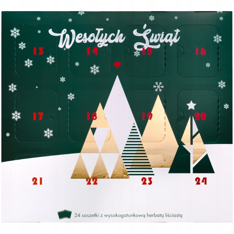 Zestaw 24 saszetek z wysokogatunkową herbatą liściastą w eleganckim kalendarzu adwentowym. Idealny na świąteczny prezent, umili oczekiwanie na święta i zachwyci miłośników herbaty wyjątkowymi smakami.