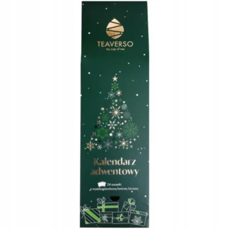 Kalendarz adwentowy Teaverso z 24 saszetkami wysokogatunkowej herbaty liściastej to idealny sposób na umilenie oczekiwania na święta. Jego elegancka, zielona oprawa z motywem choinki i złotymi detalami sprawia, że jest doskonałym prezentem dla miłośników herbaty.