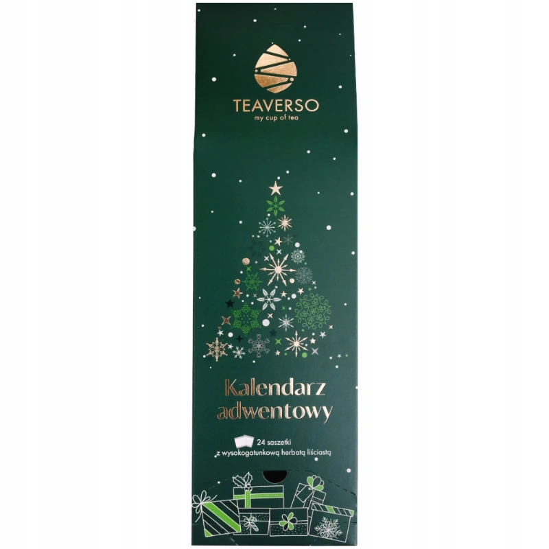 Kalendarz adwentowy Teaverso z 24 saszetkami wysokogatunkowej herbaty liściastej to idealny sposób na umilenie oczekiwania na święta. Jego elegancka, zielona oprawa z motywem choinki i złotymi detalami sprawia, że jest doskonałym prezentem dla miłośników herbaty.