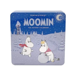 Kalendarz adwentowy Moomin z herbatą, idealny na zimowe dni. Opakowanie w stylu Moomin przedstawia zimowy krajobraz z postaciami, co czyni go doskonałym prezentem dla miłośników herbaty.