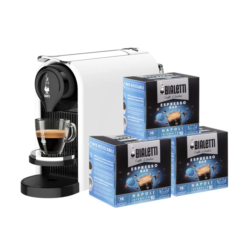 Nowoczesny ekspres do kawy Bialetti w eleganckim białym kolorze, idealny do przyrządzania aromatycznego espresso. W zestawie znajdują się kapsułki Espresso Bar Napoli, które oferują intensywny smak i doskonałą jakość parzenia.