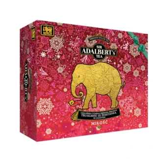 Elegancka pułka ceylońskiej herbaty premium z truskawkami i śmietanką, zapakowana w kolorowe, artystyczne pudełko. Idealna na prezent lub do codziennego delektowania się wyjątkowym smakiem w każdej filiżance.