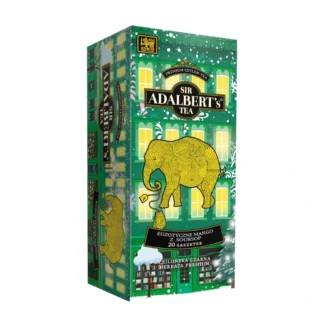 Opakowanie herbaty premium Sir Adalbert's z egzotycznym smakiem mango i soursop, zawierające 20 saszetek. Idealny wybór dla miłośników czarnej herbaty z Cejlonu, która zachwyca wyjątkowym aromatem i kolorem.