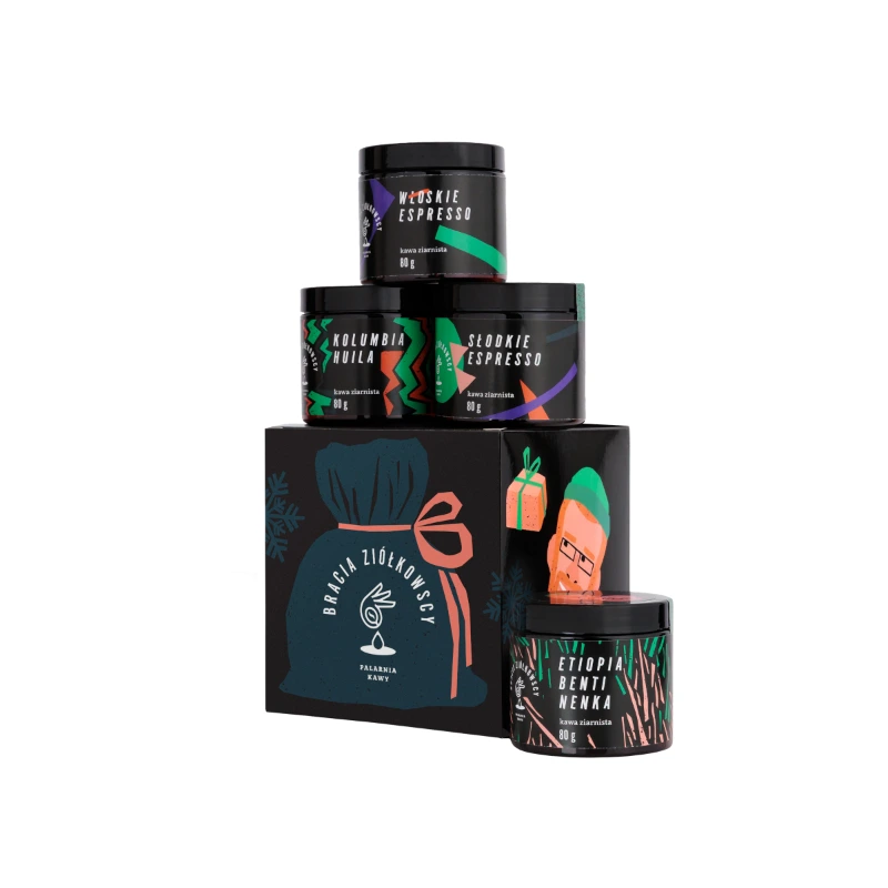 Zestaw czterech puszek kawy od Palarni Ziółkowscy, w tym m.in. Włoskie Espresso i Kolumbia Huila. Idealny prezent dla miłośników kawy, zawiera 80 g każdej z wyselekcjonowanych mieszanek, doskonałych do przygotowania aromatycznego napoju.