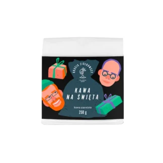 Opakowanie kawy ziarnistej "Kawa na Święta" od Braci Ziółkowskich, idealne na świąteczne chwile. Design opakowania z radosnymi ilustracjami sprawia, że jest to doskonały pomysł na prezent dla miłośników kawy.