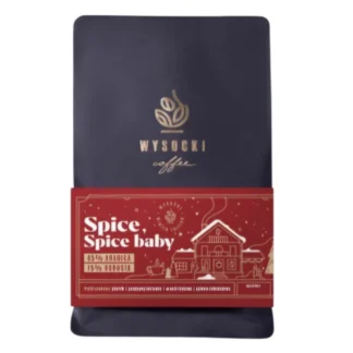Opakowanie kawy Wysocki Coffee Spice, Spice Baby z 85% Arabiki i 15% Robusty, idealne na zimowe wieczory. Dzięki aromatycznym nutom, ten wyjątkowy blend doskonale sprawdzi się jako prezent lub przyjemność dla koneserów kawy.