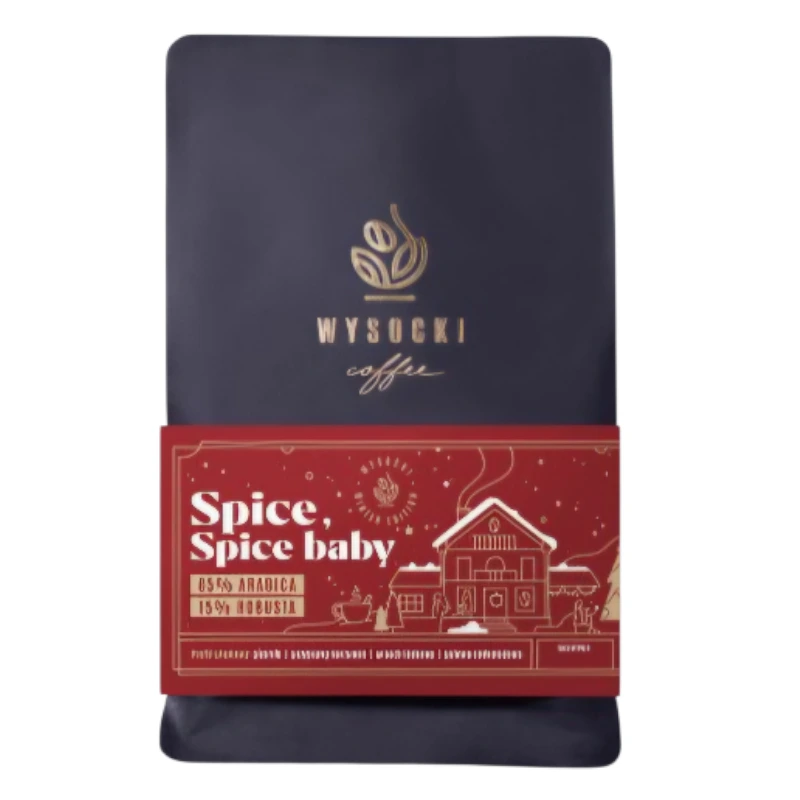 Opakowanie kawy Wysocki Coffee Spice, Spice Baby z 85% Arabiki i 15% Robusty, idealne na zimowe wieczory. Dzięki aromatycznym nutom, ten wyjątkowy blend doskonale sprawdzi się jako prezent lub przyjemność dla koneserów kawy.