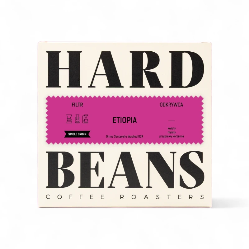 Opakowanie kawy Etiopia Single Origin od Hard Beans, idealne do parzenia w metodzie filtrowanej. Kawa charakteryzuje się owocowymi nutami malin oraz delikatnymi przyprawami korzennymi, co sprawia, że jest doskonałym wyborem dla miłośników aromatycznych kaw.