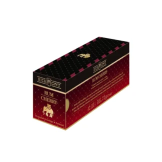 Opakowanie herbatki Rum Cherry marki Richmont prezentuje się elegancko i zachęcająco. W skład zestawu wchodzi 12 aromatycznych torebek, które łączą smak rumu z owocową nutą wiśni, idealne do delektowania się w każdych warunkach.